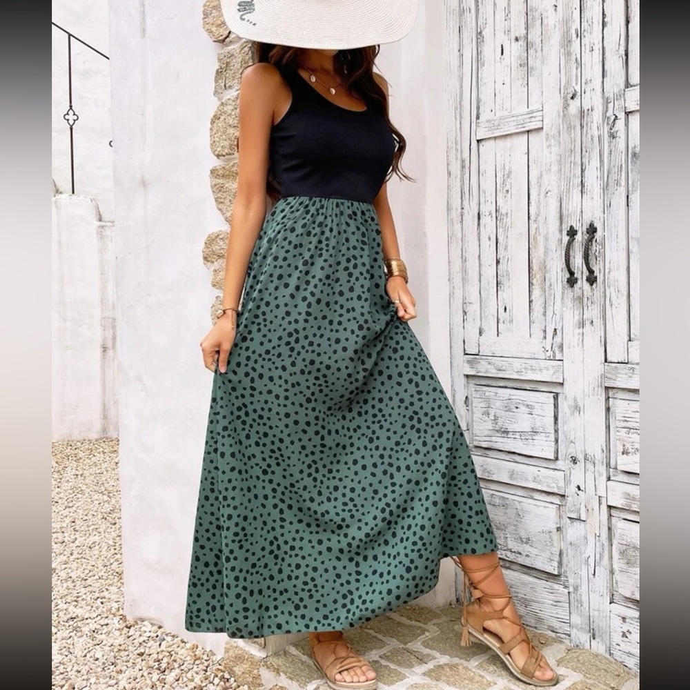 Boho Dalmatian print color block sleeveless maxi dress - Picture 9 of 15